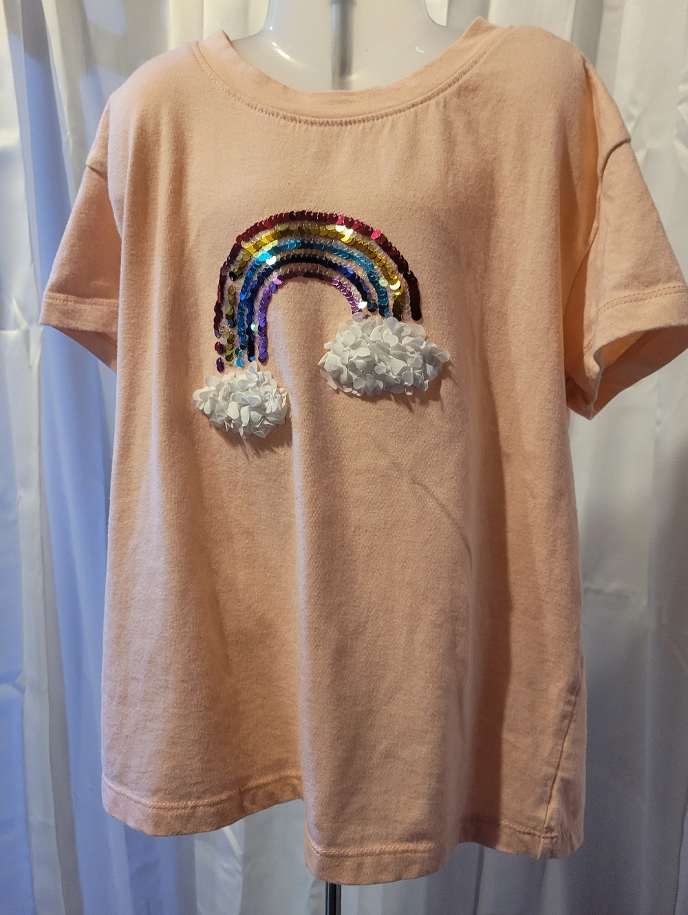 Cat & Jack Peach Sequin Rainbow Tee with 3D Cloud Accents